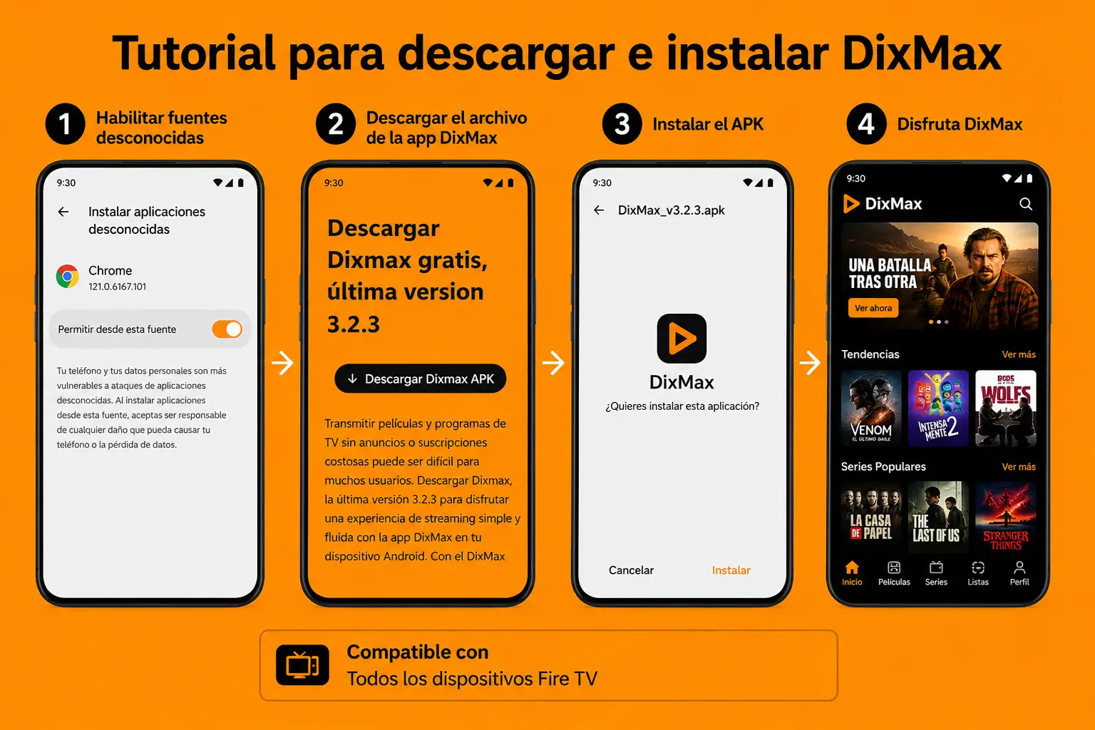 Tutorial paso a paso para descargar e instalar DixMax APK en Android, incluyendo habilitar fuentes desconocidas, descargar el archivo APK, instalar la aplicación y disfrutar de streaming en dispositivos compatibles con Fire TV.