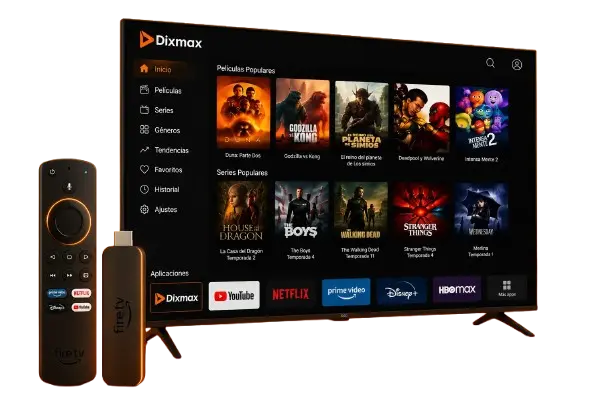 Interfaz de Dixmax en Fire TV mostrando películas populares, series y aplicaciones de streaming en un televisor inteligente.
