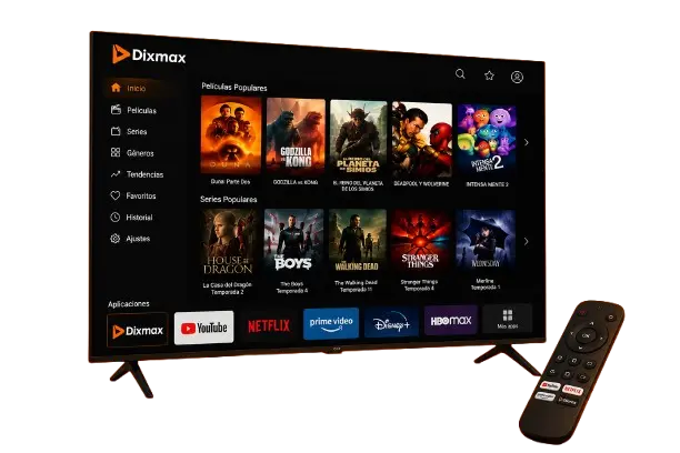 Smart TV que muestra la interfaz de la aplicación de streaming Dixmax con películas y series de televisión.