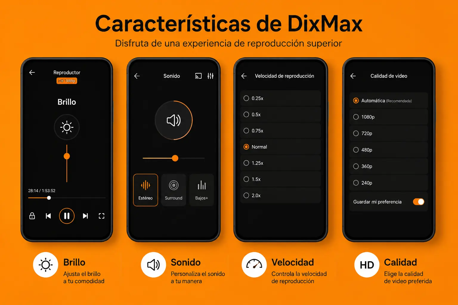 DixMax app features including brightness control, sound settings, playback speed options, and video quality