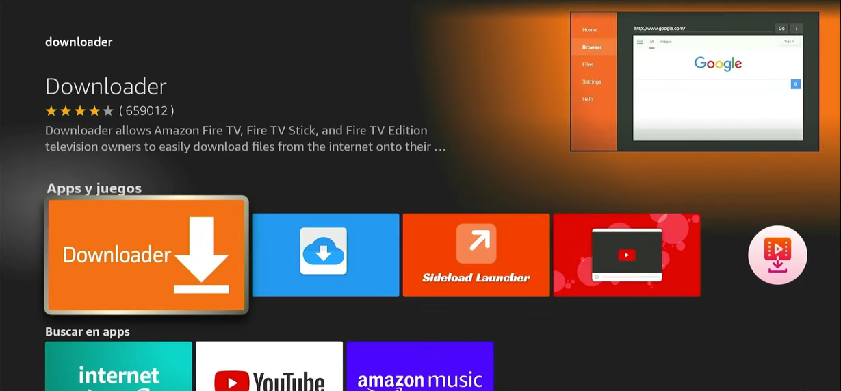 "Pantalla de la aplicación Downloader en Amazon Fire TV utilizada para descargar e instalar DixMax APK en dispositivos Fire Stick."