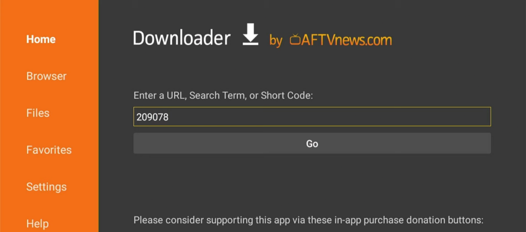 Pantalla de la aplicación Downloader que muestra el código corto 209078 ingresado en el campo URL, listo para descargar e instalar una aplicación Android TV.
