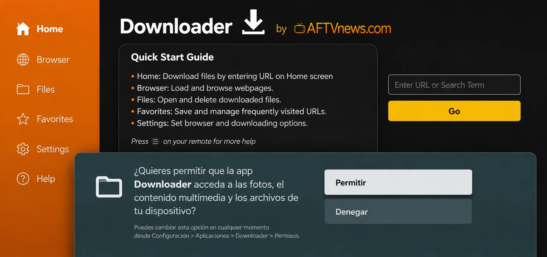 Pantalla de la aplicación Downloader para Fire TV con solicitud de permisos de almacenamiento, acceso a fotos, archivos y contenido multimedia del dispositivo.