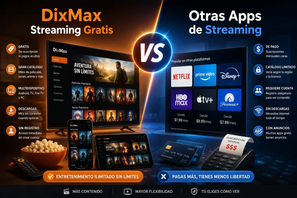 DixMax vs otras apps de streaming: comparación entre streaming gratuito y plataformas de suscripción.