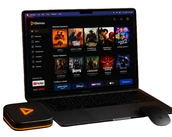 DixMax para Mac ejecutándose en un MacBook mediante un emulador de Android, mostrando la interfaz de la aplicación con películas, series y contenido de entretenimiento.