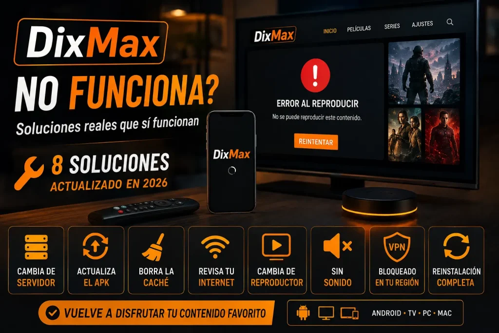 DixMax no funciona mostrando un error de reproducción en una Smart TV junto a un smartphone, representando una guía para solucionar problemas en Android, TV, PC y Mac.